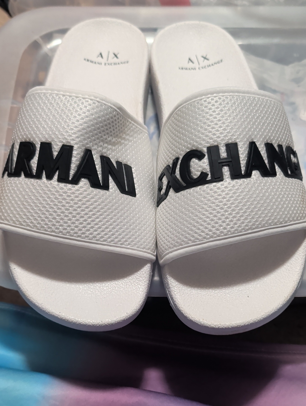 Men's Size 9.5 Armani Exchange White Slides with Bold Black Logo Strap